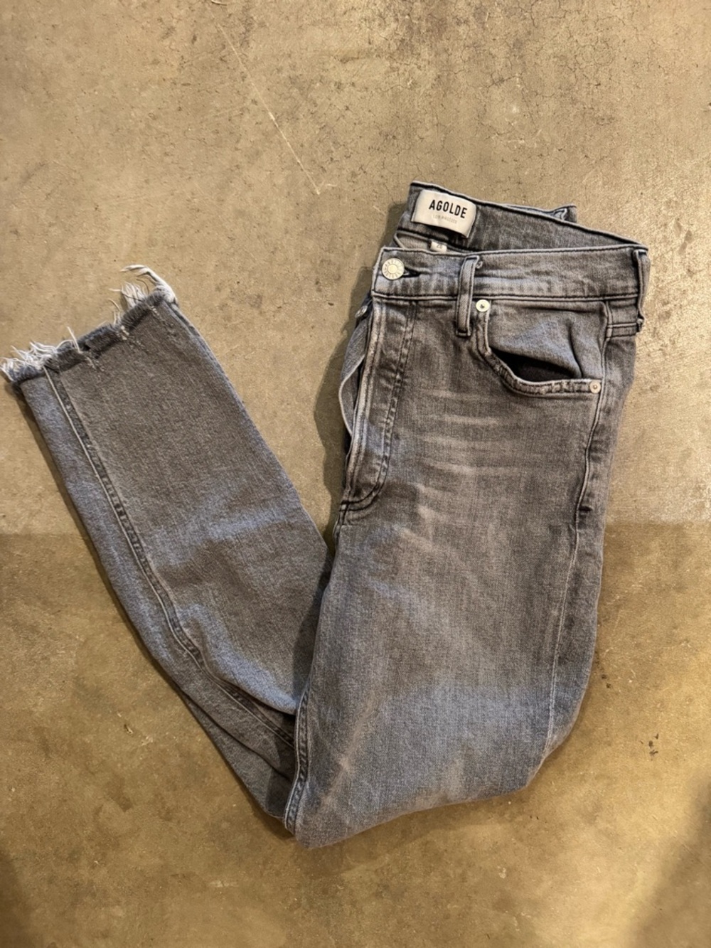 Agolde Washed Grey High-Rise Skinny Jeans with Frayed Hem